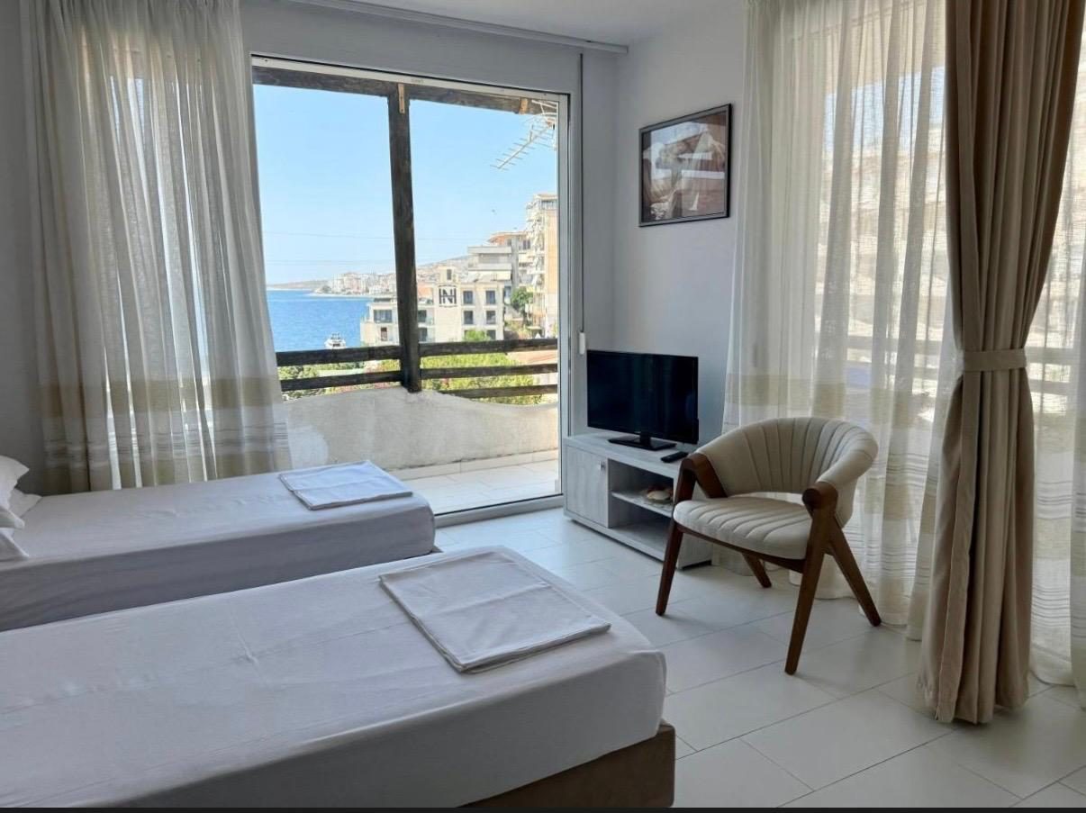 Twin studio with a balcony overlooking Saranda bay