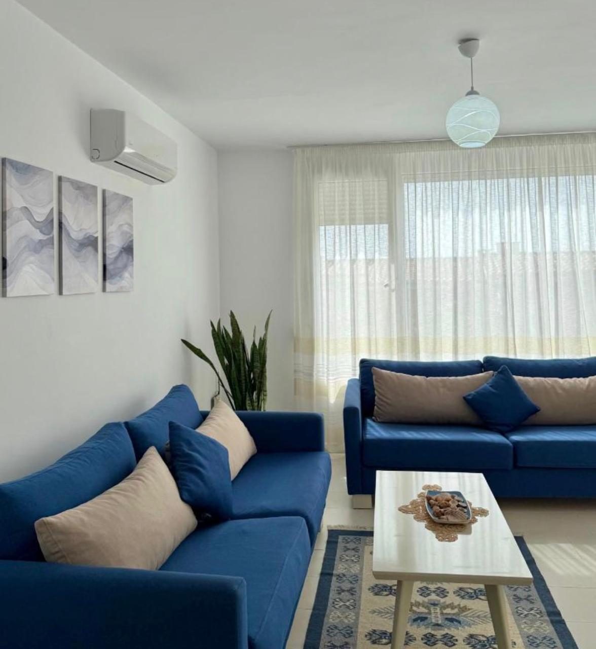 Living room with blue sofas and soft daylight
